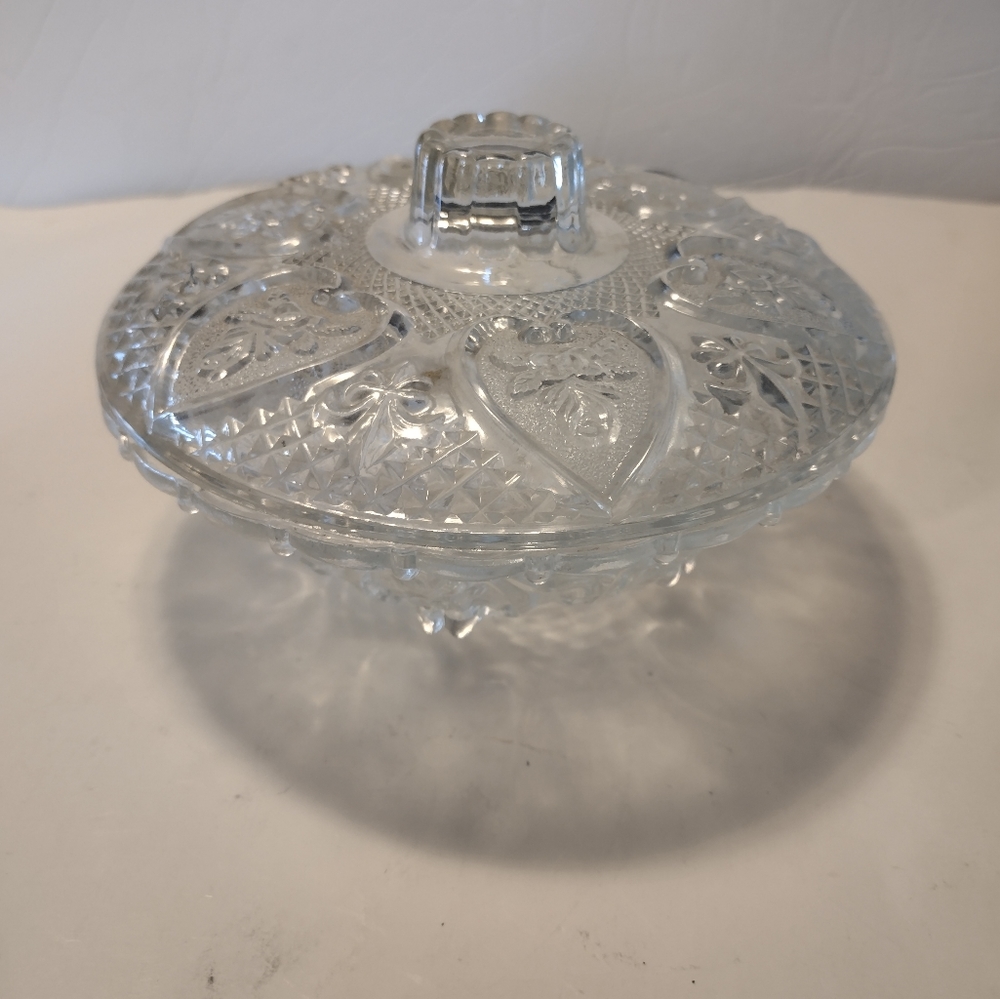 KIG Malaysia Cut Glass Candy Dish Heart Floral Design With Lid 6 3/4"